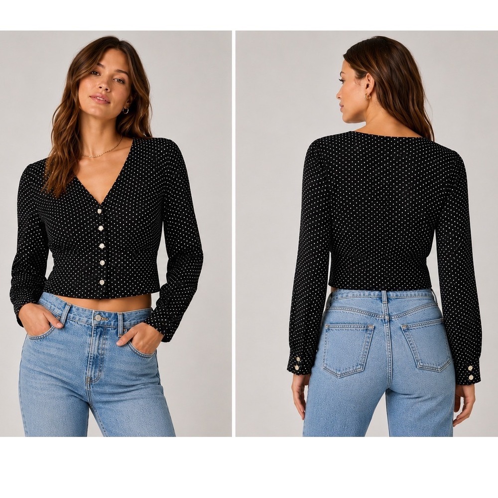 Madewell Women's Polka Dot Button Front Crop Top Black White Long Sleeve NWT M